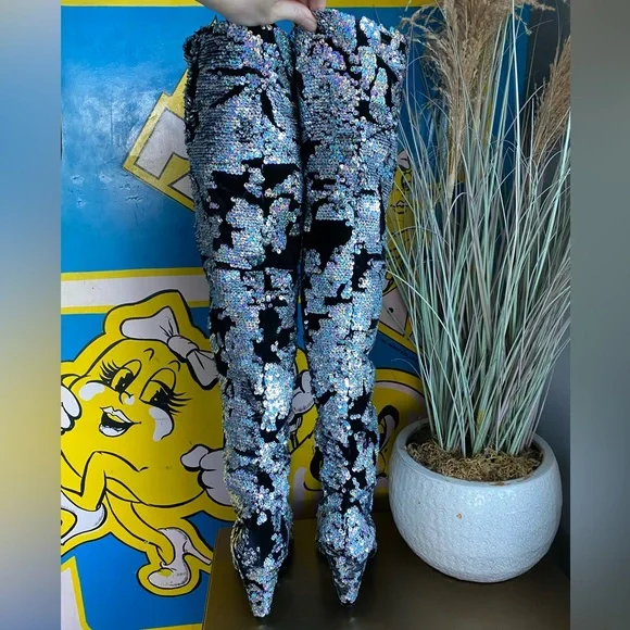 Free People Midnight Party Velvet Sequin Scrunch Boots Heels 38 7.5 festival - Picture 7 of 15